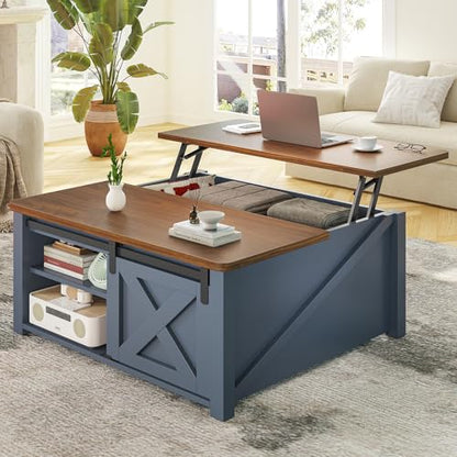 SEDETA 31.5" Lift Top Coffee Table with Storage, Square Coffee Tables for Living Room, Farmhouse Coffee Table with Large Hidden Storage Compartment and Adjustable Shelves, Blue - color: Blue