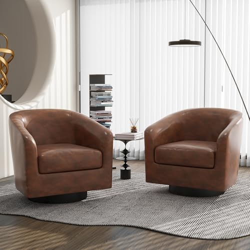 Swivel Barrel Accent Chair, Comfy Reading Armchair, Coffee, Set of 1 | Club Chairs for Adults, Low-Back Design, Modern Round Style, Solid Wood Frame & Metal Swivel Base, For Living Room & Bedroom - color: Coffee