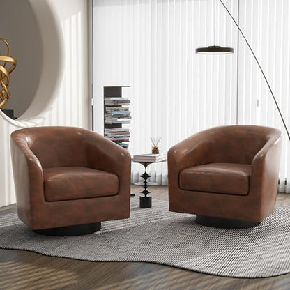 Swivel Barrel Accent Chair, Comfy Reading Armchair, Coffee, Set of 1 | Club Chairs for Adults, Low-Back Design, Modern Round Style, Solid Wood Frame & Metal Swivel Base, For Living Room & Bedroom - color: Coffee