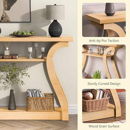 Wood Console Table, 3-Tier Natural Accent Sofa Table | 47" Entry Table with Curved Legs, 3-tier Shelf Modern Accent Sofa Table for Entrance Area, Living room, Hallway - color: Natural