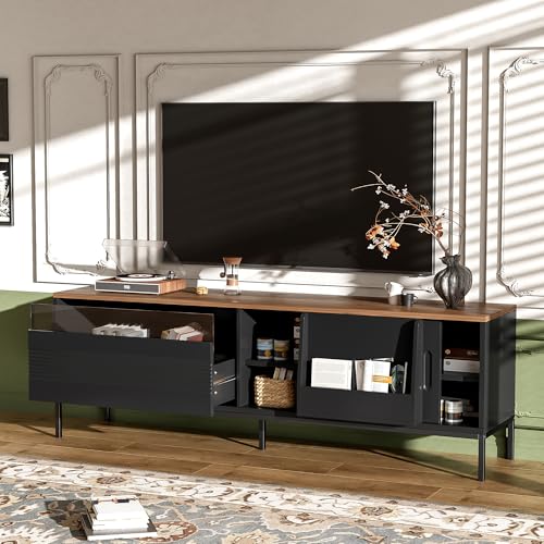 Modern TV Stand 71 in for TVs up to 75 Inches, Entertainment Center with Sliding Doors and Adjustable Shelves for Living Room, Black Media Console with Walnut Top and Sturdy Metal Frame - color: Black-h-70.90 X 15.70 X 22.50 Inch
