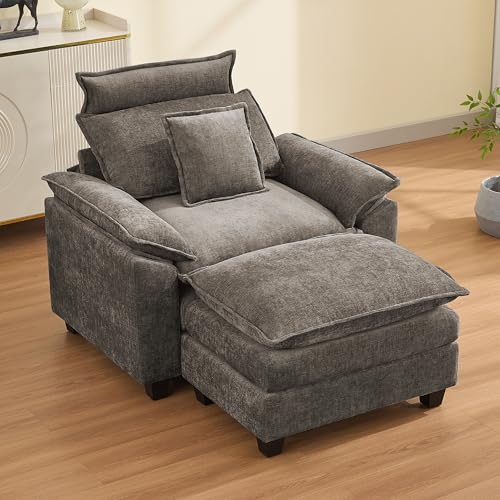 46''Cloud Oversized Sofa Chair with Detachable Headrest, Upholstered Comfy Arm Accent Chair with Ottoman,Modern Chenille Reading Lounge Armchair for Living Room,Bedroom, Brown - color: Brown, size: Oversized Chair with Ottoman