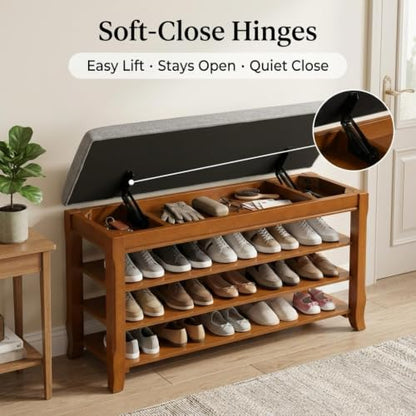 SolidWood Entryway Shoe Rack Storage Bench, Flip-Top Soft-Close Lid, 39.4'' | 550 lbs Max Load, Adjustable Shelves, Cushioned Entryway Shoe Organizer for Closet, Hallway, Foyer - size: 39.4"