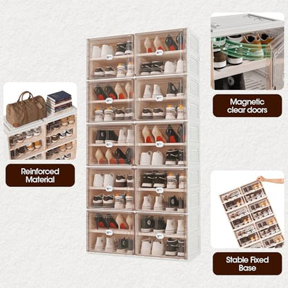White Foldable Shoe Rack Organizer for 40 Pairs | Tool-free Assembly, Magnetic Clear Door, Anti-Tiping, Sneaker Storage, adjustable shelf, Folding Design, Garage, Entryway - size: 10Tier