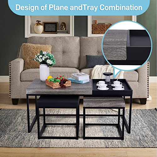 MAISON ARTS Nesting Coffee Table Set of 3, Wood-Like and Black | Rectangle Center Table, Morden Living Room Coffee Table and End Table Sets for Home Indoor Use - color: Wood-like&black
