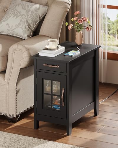WLIVE End Table with Charging Station, Narrow Side Table for Living Room, Farmhouse Night Stand with Storage, Small Wooden Cabinet Nightstand with USB Ports and Outlets, 23.62" D x 13.78" W x 23.62" H - color: Black