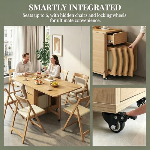 Folding Dining Table Set with 6 Chairs, Mobile Solid Wood Expandable Table, Space-Saving Drop Leaf Table, Multi-Functional Kitchen Island Cart for Small Apartment, Dining Room - 1.4m