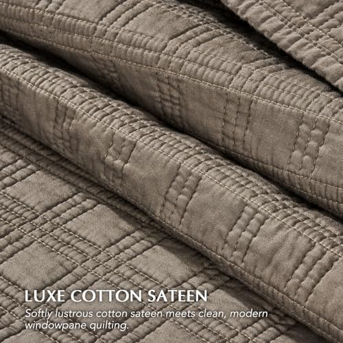 EVERGRACEHOME Cotton Sateen Windowpane Quilt Set Queen Size, Mocha Brown | 100% Cotton, Pre-Washed Soft Coverlet Bedspread, 3-Piece Lightweight Bedding Set for All Season, with 2 Pillow Shams - color: Mocha Brown - Windowpane, size: Full/Queen (96" X 92")