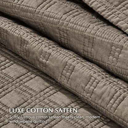EVERGRACEHOME Cotton Sateen Windowpane Quilt Set Queen Size, Mocha Brown | 100% Cotton, Pre-Washed Soft Coverlet Bedspread, 3-Piece Lightweight Bedding Set for All Season, with 2 Pillow Shams - color: Mocha Brown - Windowpane, size: Full/Queen (96" X 92")