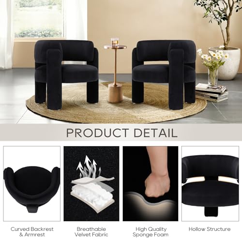 COLAMY Modern Accent Chair, Velvet Accent Chairs, Upholstered Barrel Chairs with Solid Wood Legs, Comfy Side Chair for Living Room, Bedroom, Reading, Cozy Reading Chair,Black - color: New-black, size: Set of 1