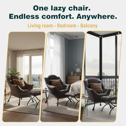 Lazy Chair with Ottoman, Comfy Reading Chair for Bedroom，Grey | Comfy Bedroom Accent Chair with Washable Removable Cover and extra throw pillow for Living Room Dorm - color: Shadow Grey