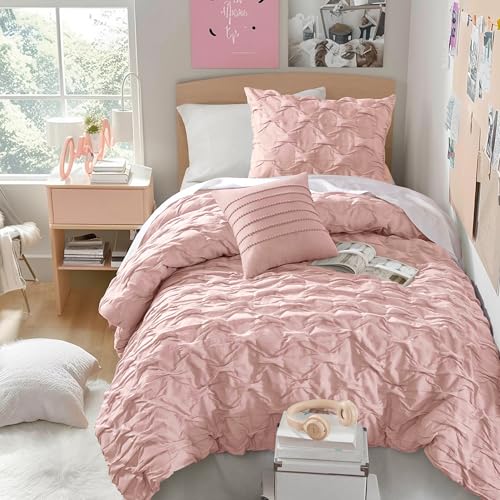 Comfort Spaces All Season Twin XL Comforter Set for Girls, 3 Piece, Pink | Bailey Ogee Ruched Bedding Set with Texture for College Dorm, Lightweight Breathable Durable, Decorative Modern, Décor Pillow - color: Pink, size: Twin/Twin XL