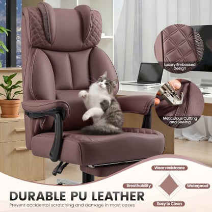 BestGlory Office Desk Chair, Big and Tall Leather Gaming Chair with Footrest, Ergonomic Comfy Executive High-Back Reclining Computer Chairs, Wide Swivel Rolling Wheels and Padded Lumbar Support,Coffee - color: Coffee, style: Freely Reclining