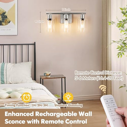 Battery Operated Wall Sconce, 3-Light Dimmable Rechargeable Vanity Light Fixture with Remote & Bulbs, 3-Light Silver Wireless Indoor Non-Hardwired Wall Lamp for Bedroom, Living Room, Cabinet, Porch - color: Silver