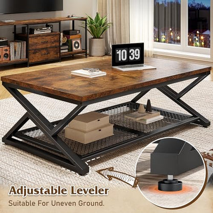 EnHomee Coffee Table, Storage & Shelf, X-Frame Stability, Rustic Brown | Families, Wood & Metal, Holds Magazines & Drinks, Industrial Design, Living Room, 47.2“ - color: Rustic Brown, size: 47.2 Inch