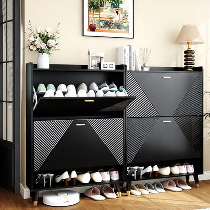 Black Shoe Cabinet for Entryway: 65" Shoe Cabinet with 4 Flip Drawers | Ultra Thin Shoe Cabinet Storage for Entryway, Fluted Shoes Rack Hidden, Modern Slim Shoe Organizer Cabinet for Hallway - size: 4 drawers