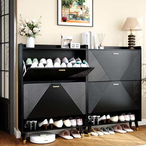 Black Shoe Cabinet for Entryway: 65" Shoe Cabinet with 4 Flip Drawers | Ultra Thin Shoe Cabinet Storage for Entryway, Fluted Shoes Rack Hidden, Modern Slim Shoe Organizer Cabinet for Hallway - size: 4 drawers