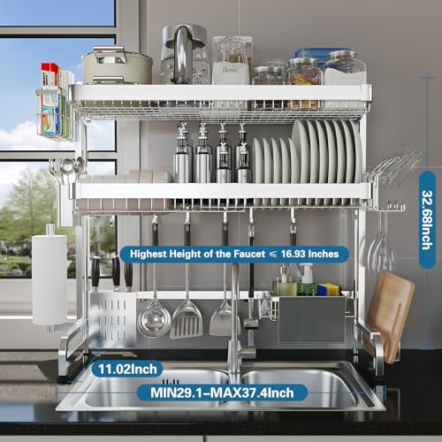 LIVOD Over The Sink Dish Drying Rack,3 Tier Adjustable Length Full Stainless Steel Large Storage Kitchen Dish Rack,for Kitchen Counter Expandable Multifunctional Organizers,Silver (25.5'' to 37.6'') - color: Silver, size: 3 Tier Style B