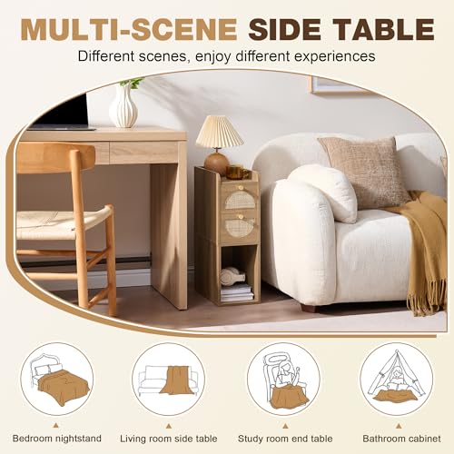 Narrow Nightstand (Rattan & Wood) - Small Bedside Table with 2 Drawers, Open Shelf, Mid Century Modern End Table - for Bedroom, Living Room & Small Spaces, Rustic Oak Rattan - color: Rustic Oak Rattan, size: 7.9"W (1 Pc)