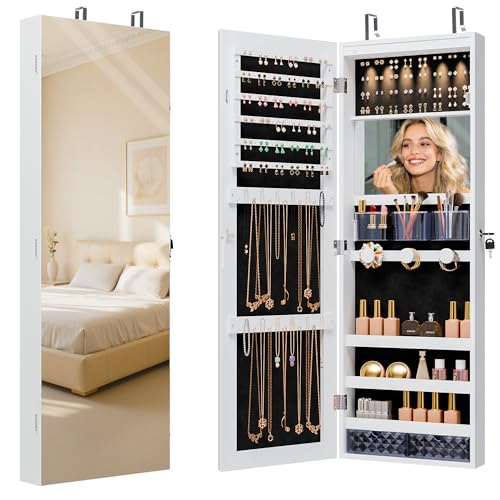 Unisakey Lockable Mirror Jewelry Cabinet LED Lights Wall Mount White | Door or Wall Mount Flexible,Drawers Cosmetic Trays Shelves Inside,Built-in Full-Length Mirror,Dimensions 14.4"×3.15"×43.1" - color: WHITE