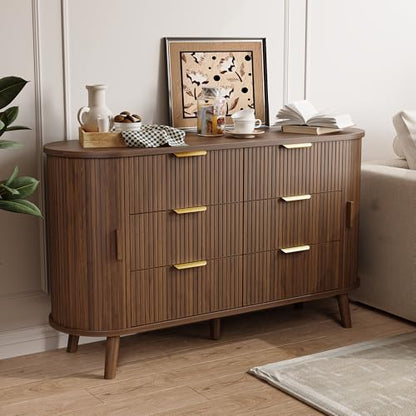 Decofy Fluted 6 Drawers Dresser, 55'' Wide Mid Century Modern Chest of Drawers with Sliding Door & Metal Handles, Curved Profile & Sturdy Legs, Wood TV Stand for Bedroom, Living Room (Walnut)