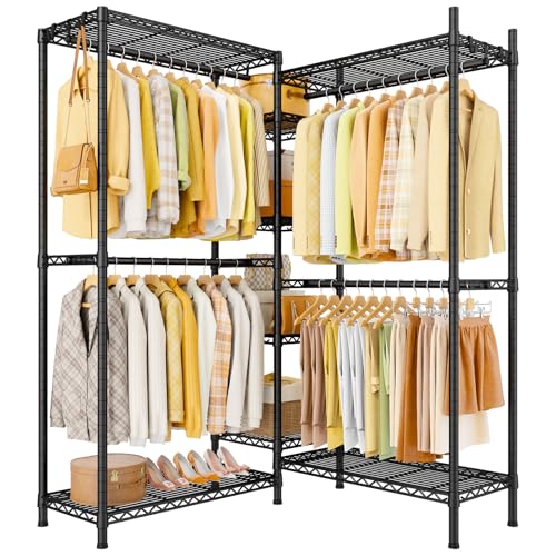 E4L L-shaped Clothes Rack for Corner, Heavy Duty Freestanding Garment Rack, Metal Clothing Organization Storage System with Shelves and Hangers, Max Load 962lbs, 42.7"W x 42.7"D x 79.3"H, Black - color: Black