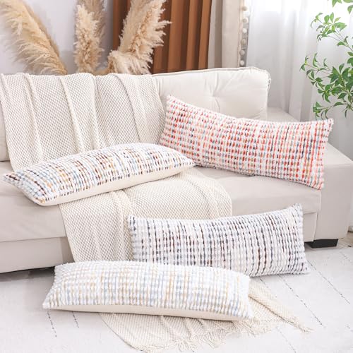 LUOYEHK Boho Throw Pillow Covers 14x36 Inch Chenille Tufted Pillowcase Farmhouse Neutral Cushion Covers for Couch Sofa Bed Living Room, Brown White (1 Piece) - color: Brown White, size: 36" x 14" (Pack of 1)