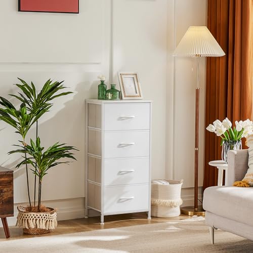 DUMOS Nightstand, Bedside Table with 4 Fabric Drawers | Night Stand with Removable Bins, Steel Frame Wood Top, Small Dresser for Bedroom Closet - color: White, size: 11.8"D x 17.7"W x 37.4"H (4 Drawers)