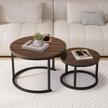 HOJINLINERO Round Nesting Coffee Table Set of 2,Walnut Coffee Table,Large | Center Table for Living Room,Small Apartment,Small Space,Stacking Side Tables,Wood Tabletop,Sturdy and Easy to Assemble - color: Walnut, size: Large