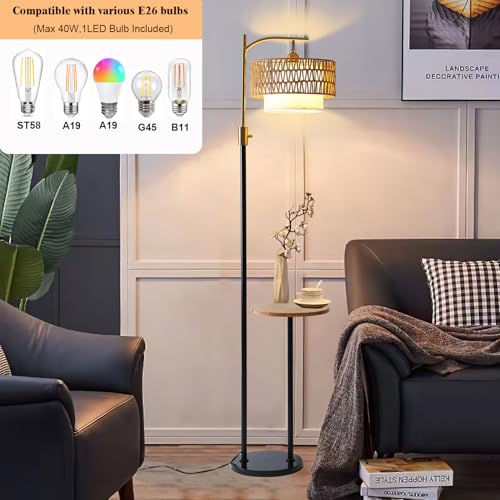 Dimmable Floor Lamp with Table and Marble Base, Arc Floor Lamp with Dimmable Bulb, Boho Farmhouse Standing lamp with Fabric & Rattan Lampshades for Living Room Bedroom (Black and Gold) - color: Black and Gold