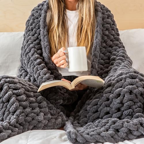 SAMIAH LUXE Chunky Knit Throw Blanket 50x70, Graphite Gray Chenille Throw Blanket for Couch Bed Sofa, Soft Fluffy Cable Knit Blanket, Oeko-TEX Certified, Machine Washable - color: Graphite, size: 50x70in