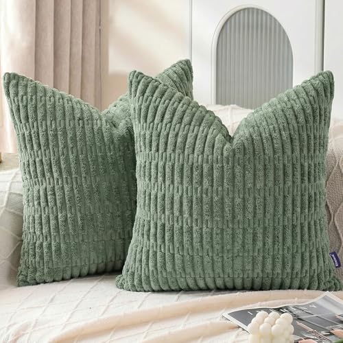 Corduroy Throw Pillow Covers Corn Striped Boho Decorative Cushion Cases Ribbed Velvet Texture for Sofa Bed Modern Farmhouse Decor (Sage Green, 16"x16"(Pack of 2)) - color: Sage Green, size: 16" x 16" (Pack of 2)