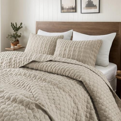 Beige Quilt Queen Size Bedding Sets with 2 Pillow Shams, Lightweight Soft Bedspread Coverlet, Quilted Blanket Thin Comforter Bed Cover, All Season Summer Spring, Tan Cream, 3 Pieces, 90x90 inches - color: Beige, size: Full/Queen