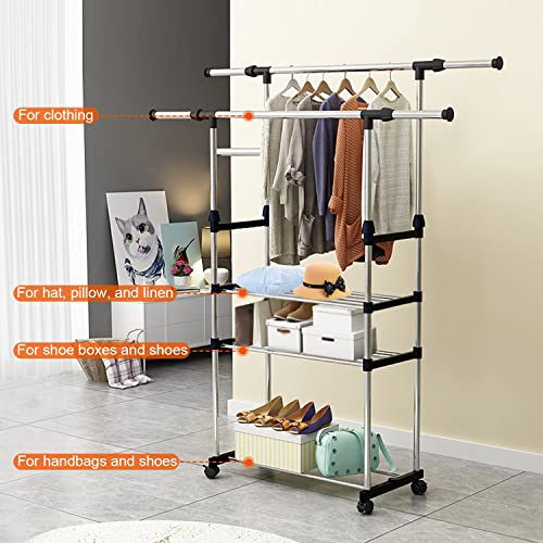 Double Rods Clothes Rack, Stainless Steel Extendable Clothing Garment Hanging Rack Shoe Display Organizer with Rolling Wheels Hold up to 77LBS - size: 59.1"D x 16.1"W x 57.1"H