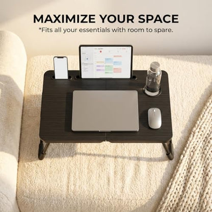 BUYIFY 23.4" Foldable Lap Desk Bed Table with Cup Holder Tray Black | Portable Folds Flat for Easy Storage, No Assembly Laptop Bed Desk, Sturdy and Lightweight, Patent Design - color: Black