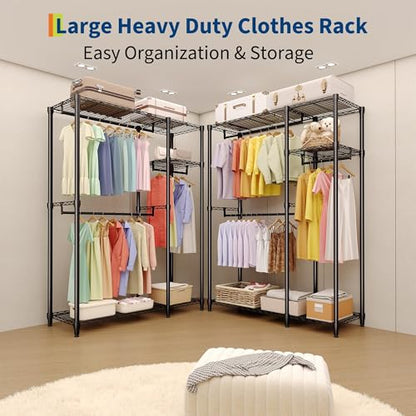Freestanding Heavy Duty Garment Rack, Large, Black | Adjustable Shelves and Hanging Rods, 700 Lbs Capacity, Portable Closet Organizer, For Bedroom or Cloakroom Storage - size: 41.6"D x 15.5"W x 76.5"H