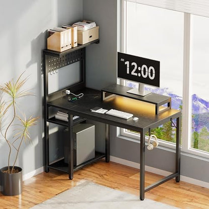 40 inch Small Gaming Desk with Pegboard Shelves Computer Desks with Led Lights Power Outlets PC Monitor Stand Reversible Storage Shelf Table for Bedroom Small Space, Black