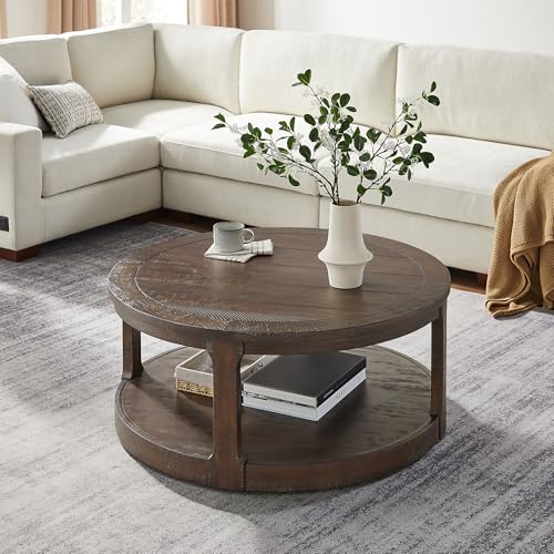 Round Nesting Coffee Table Set of 3, Mid Century Rustic Farmhouse Solid Wood Coffee Tables Center Table for Living Room Apartment, ø40 + ø24 + ø17.56 (Drak Brown) - color: 40"+24"+17.56" Dark Brown