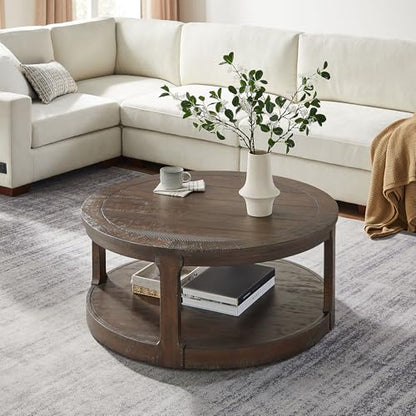 40" Round Coffee Table with Wheels, Circle 2 Tier Solid Wood Center Coffee Table, Mid Century Retro Farmhouse Rounded End Table for Living Room Apartment, ø40 x 17.52" H (Dark Brown) - color: D-40" Brown