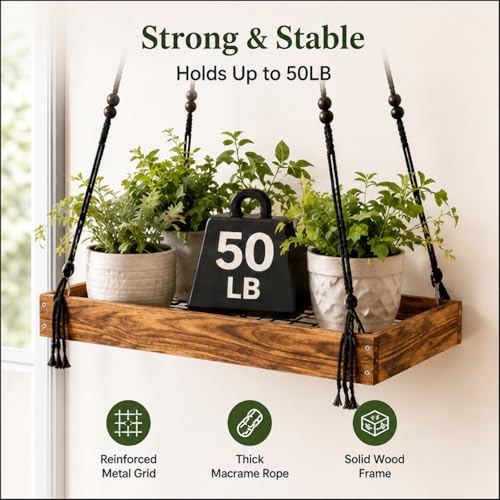 Novabright Hanging Window Plant Shelf, 16 Inch Wooden Macrame Style Shelf with Metal Grid Frame, Adjustable Cotton Rope Indoor Holder for Window, Wall or Ceiling, 50 lb Capacity