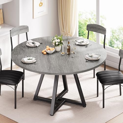 Jocoevol Round Kitchen Dining Room Table Circle Dining Dinner Table with Pedestal Metal Frame, Space Saving Wood Industrial Furniture for Small Space (Grey, 47IN) - color: Grey, size: 47In