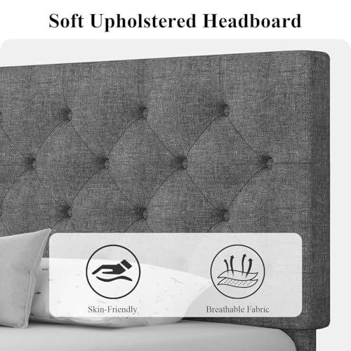 HOMBCK Twin Size Bed Frame, Gray Linen Fabric Upholstered Bed Frame with Headboard, Twin Bed Frames for Kids, Wood Slats, Button Tufted, No Box Spring Needed, Light Grey - color: Light Grey, size: Twin