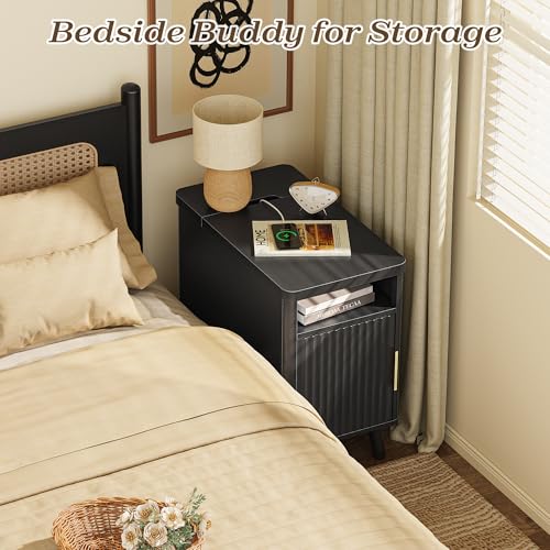 Huuger Narrow End Table with Charging Station, USB-C Port | Fluted Nightstand with Storage Cabinet, Back Rack, Farmhouse Side Table for Small Spaces, 13.4 × 23.6 Inch Night Stand, Black - color: Black