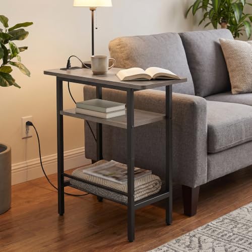 HOOBRO Side Table, Narrow End Table with Shelf, Charging Station, Wide Storage Tabletop, 3-Tier Bedside Tables for for Small Spaces, Living Room, Bedroom, Greige and Black BG366UBZ01 - color: Greige + Black