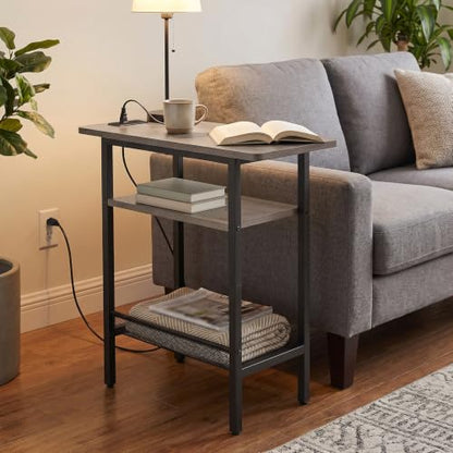 HOOBRO Side Table, Narrow End Table with Shelf, Charging Station, Wide Storage Tabletop, 3-Tier Bedside Tables for for Small Spaces, Living Room, Bedroom, Greige and Black BG366UBZ01 - color: Greige + Black