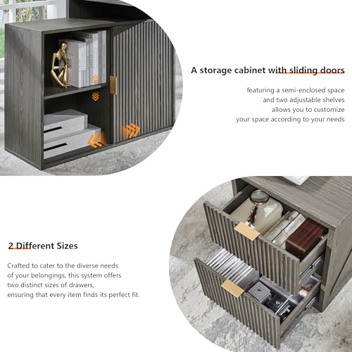 Modern L Shaped Desk with Storage Cabinet & Drawers, Wood Home Office Desk with Power Outlets, Fluted Computer Writing Desk - color: Grayish Green, size: 33"D x 67"W x 35.5"H