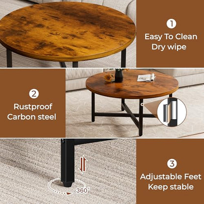 Round Coffee Table, 31.5" Brown Coffee Table, Coffee Tables for Living Room | Circle Wooden Coffee Table, Large Modern Center Table with Metal Frame for Office Apartment Home Small Space - color: 31.5"d Round Brown