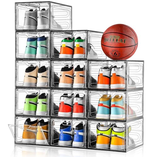 Stebopum 12 Pack Shoe Boxes Shoes Organizer, Shoe Storage Organizer Boxes with Magnetic Door, Clear Shoe Organizers Sneaker Storage Shoe Box for Women/Men, Fit up to US Size 12 - color: Grey, size: 12 Count Fit Size 12