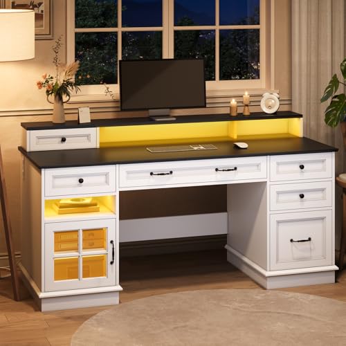 HAUOMS Farmhouse Executive Desk Computer Desk with Drawers, White | Executive Office Desk with File Drawers, Power Outlet, Led Lights, Storage Cabinet and Monitor Shelf for Home Office - color: White