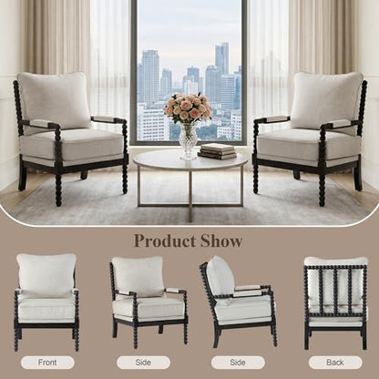DUHOME Linen Fabric Spindle Accent Chair with Wood Frame,Bobbin Chair with High Resilience Spring Cushion and Armrest Pads, Leisure Armchair for Living Room Bedroom Farmhouse Home Office Belcony - color: Black+cream, size: 1 pc